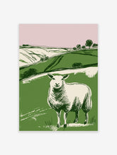 Illustrative print of a white sheep in a green field with rolling hills and pink sky, in a simple style