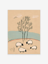 Minimalist sheep art print with four black-faced sheep grazing under a tall tree on tan and blue background