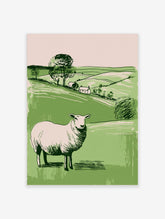 Illustrative white sheep in green pastoral landscape with hills, trees, and two cottages, portrait orientation