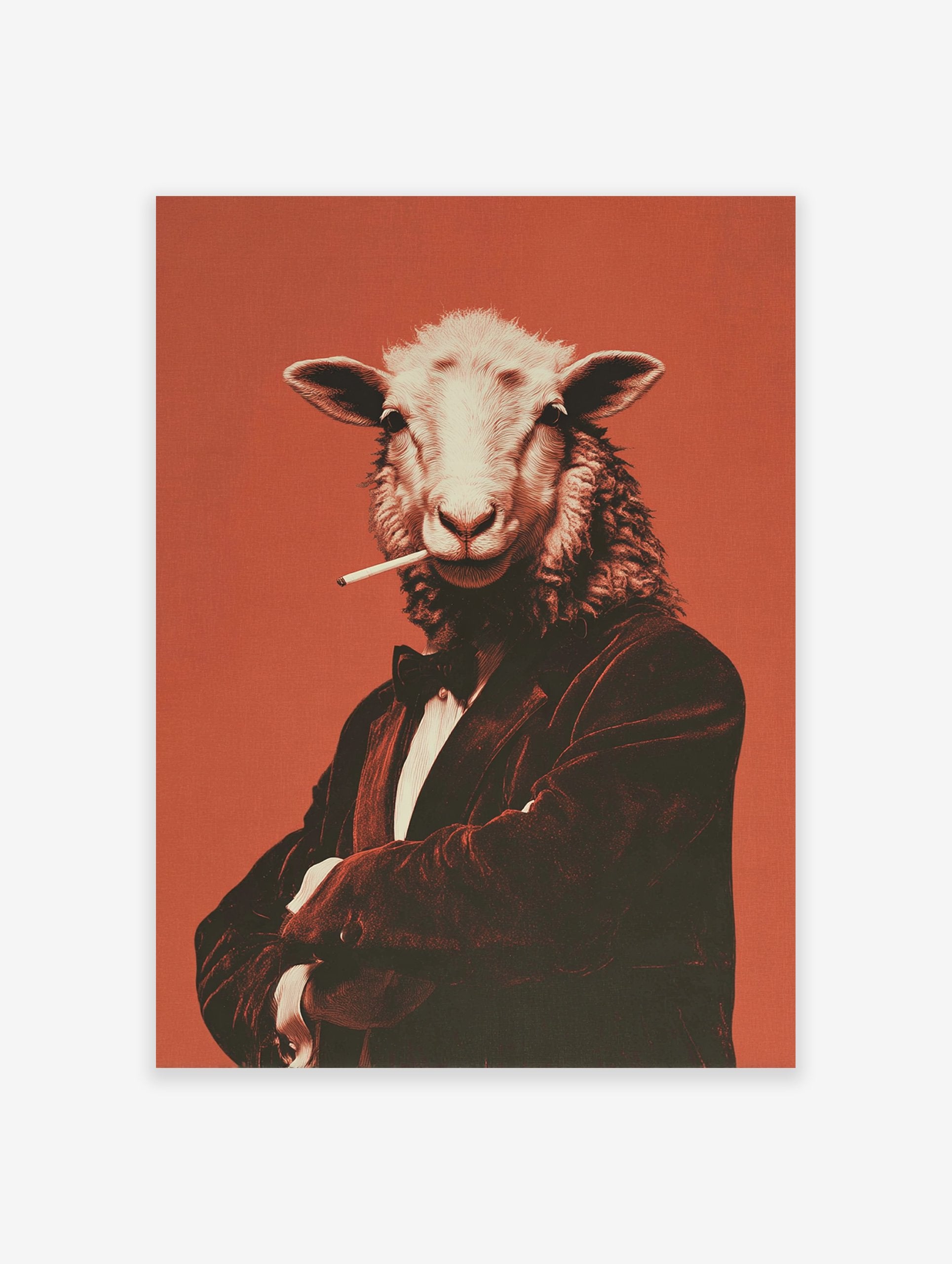 Poster of an anthropomorphic sheep in a tuxedo holding a cigarette, set against a reddish-orange background.