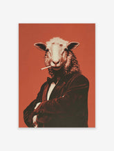 Poster of an anthropomorphic sheep in a tuxedo holding a cigarette, set against a reddish-orange background.