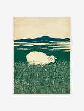 Art print of a white sheep grazing in a lush green field with distant blue mountains under a cream sky, in a woodcut style.