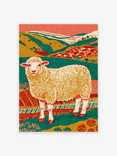 Colorful illustration of a fluffy sheep standing in a vibrant green, yellow, and red landscape with hills and trees.