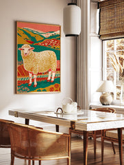 Colorful illustration of a fluffy sheep standing in a vibrant green, yellow, and red landscape with hills and trees. - Image 2