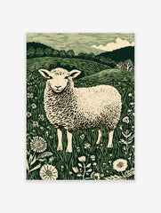 Illustrative green and white sheep in a field of flowers with hills and trees in background