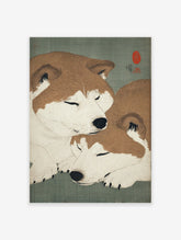 Japanese woodblock style art print featuring two sleeping brown and white Shiba Inu dogs on a green background.