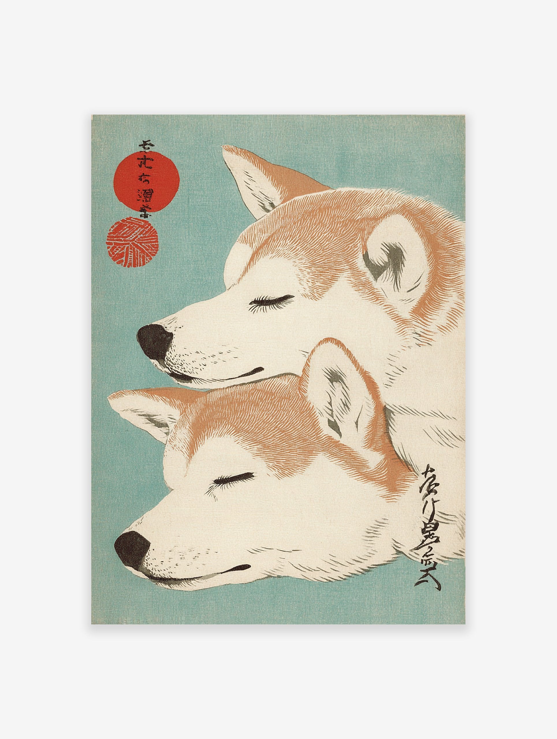 Two stacked Shiba Inu dogs with closed eyes in a Japanese Ukiyo-e style art print on a teal background with red circles.