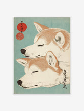 Two stacked Shiba Inu dogs with closed eyes in a Japanese Ukiyo-e style art print on a teal background with red circles.