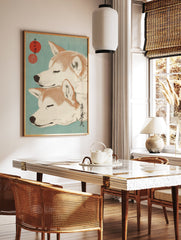 Two stacked Shiba Inu dogs with closed eyes in a Japanese Ukiyo-e style art print on a teal background with red circles. - Image 2