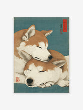 Japanese Shiba Inu wall art print featuring two sleeping brown and white dogs cuddling on a teal background with red seals.
