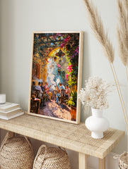 Impressionistic shisha cafe wall art with men smoking hookahs under an archway with vibrant pink and green flowers, in an