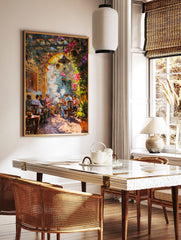 Impressionistic shisha cafe wall art with men smoking hookahs under an archway with vibrant pink and green flowers, in a