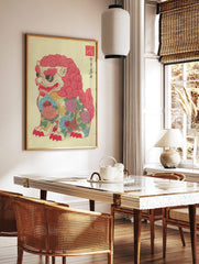 Colourful Shishi guardian lion art print with pink mane, blue and pink floral tattoo pattern on a, in a styled room mockup