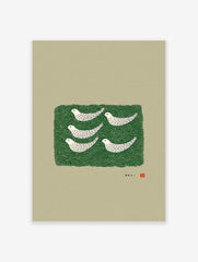 Illustrative print of six white birds on a dark green wavy background with Japanese text on a beige canvas