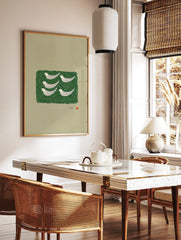Six white stylised birds on a dark green wavy pattern, with Japanese text and red seal, on a beige, in a styled room mockup