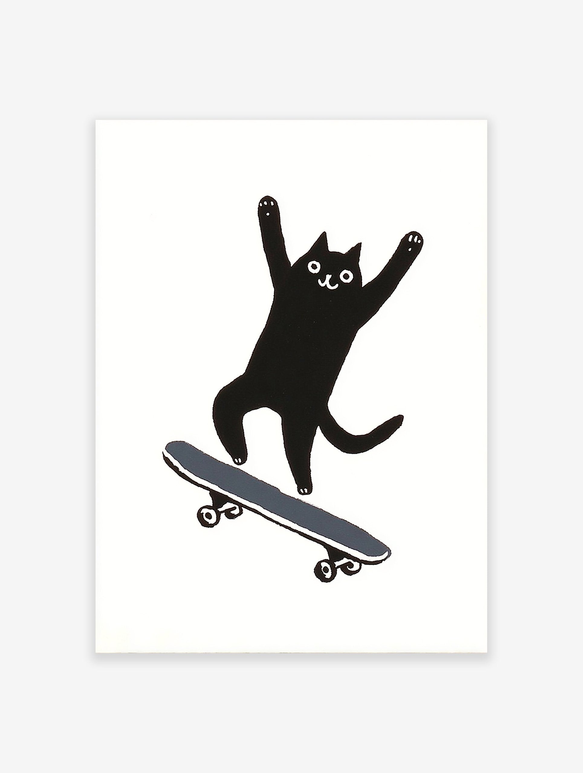 Whimsical black cat illustration on a skateboard with arms raised, on a white background. Skateboard Cat Print.