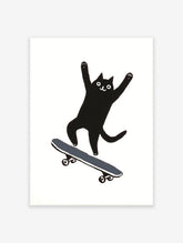 Whimsical black cat illustration on a skateboard with arms raised, on a white background. Skateboard Cat Print.