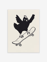 Black and white illustration of a cartoon chicken balancing on a skateboard, wings outstretched, Skateboarding Chicken Print