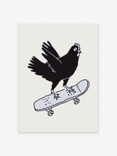 Black chicken riding a grey skateboard illustration art print on a light background, quirky skateboarding chicken wall art