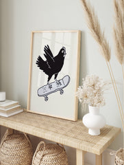 Black chicken riding a grey skateboard illustration art print on a light background, quirky skateboarding chicken wall art - Image 3