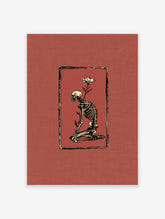 Skeleton kneeling with white flower illustration on terracotta background, unframed poster