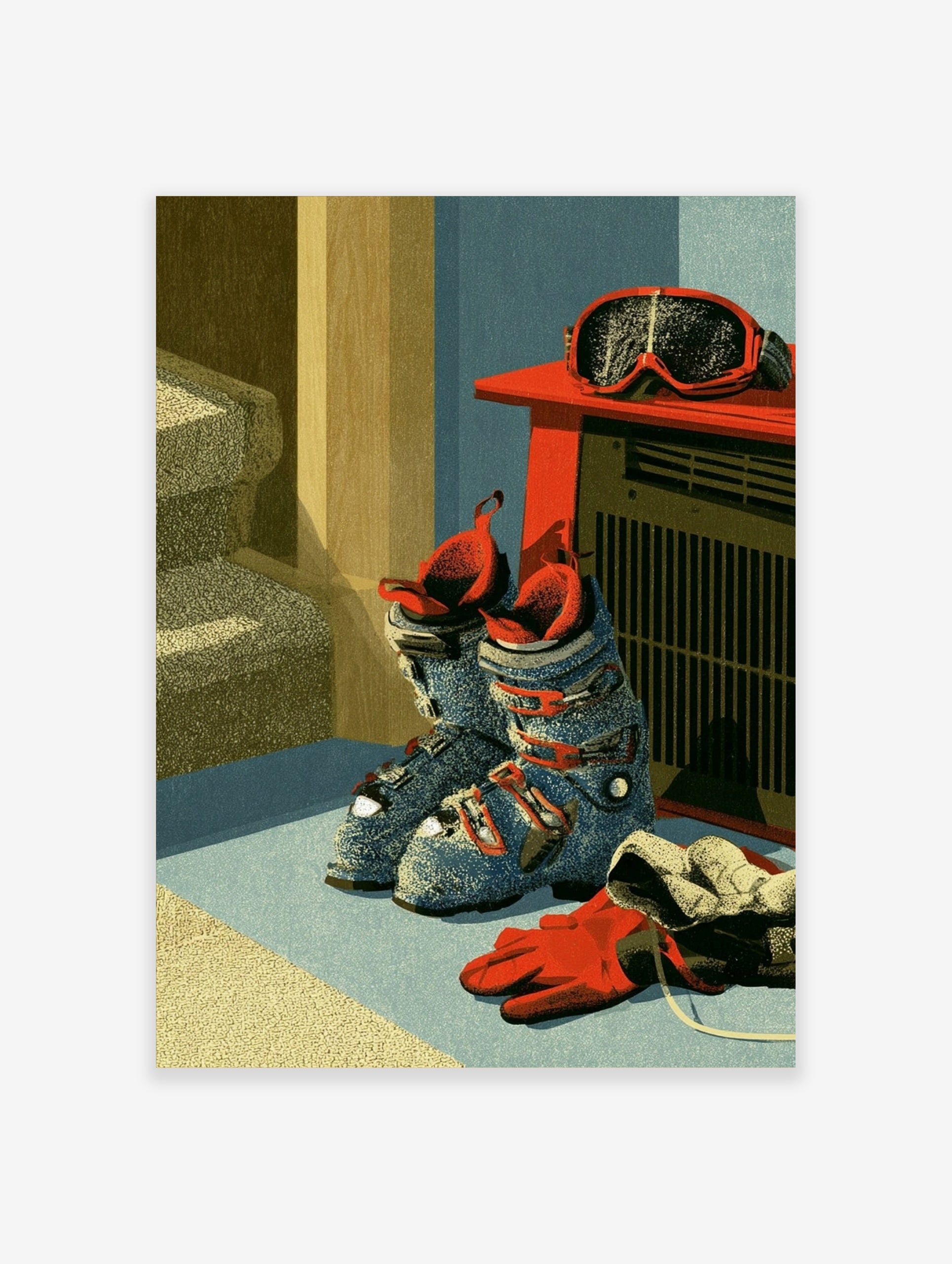 Illustrative wall art of blue ski boots, red goggles on a heater, and a red glove in a textured, winter-themed composition