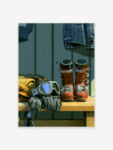 Close-up of red ski boots, goggles, and gloves on a wooden bench, winter sports art print