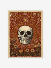 Skull and Sun poster with botanical illustration in reddish-brown, cream, and yellow, featuring a skull, sun rays, and flowers.