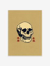 Black skull illustration with red crossbones on tan background, gothic poster art