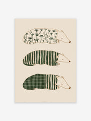 Three illustrative sleeping badger-like animals with botanical, striped, and grid patterns on a pale background