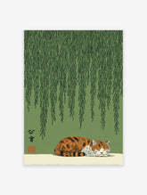 Japanese sleeping cat poster under green willow tree branches with traditional calligraphy and a red seal.