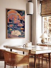 Whimsical sleeping white cat poster surrounded by large glowing orange mushrooms and starry night sky in Japanese art style. - Image 2