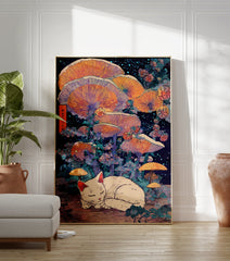 Whimsical sleeping white cat poster surrounded by large glowing orange mushrooms and starry night sky in Japanese art style. - Image 3