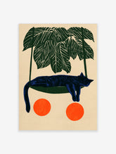 Illustrative blue cat sleeping in a green hammock under palm leaves with two orange circles on a neutral background