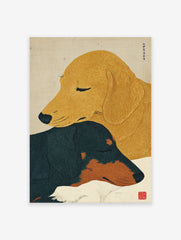 Japanese style dog wall art featuring two sleeping dogs, one golden and one black and tan, on a textured background.