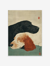 Japanese woodblock style art print of two sleeping dogs, one black and one white with brown ears, on a teal and cream background.
