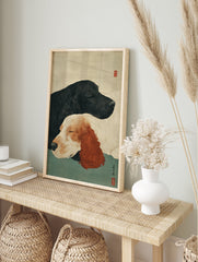 Japanese woodblock style art print of two sleeping dogs, one black and one white with brown ears, on a teal and cream background. - Image 3