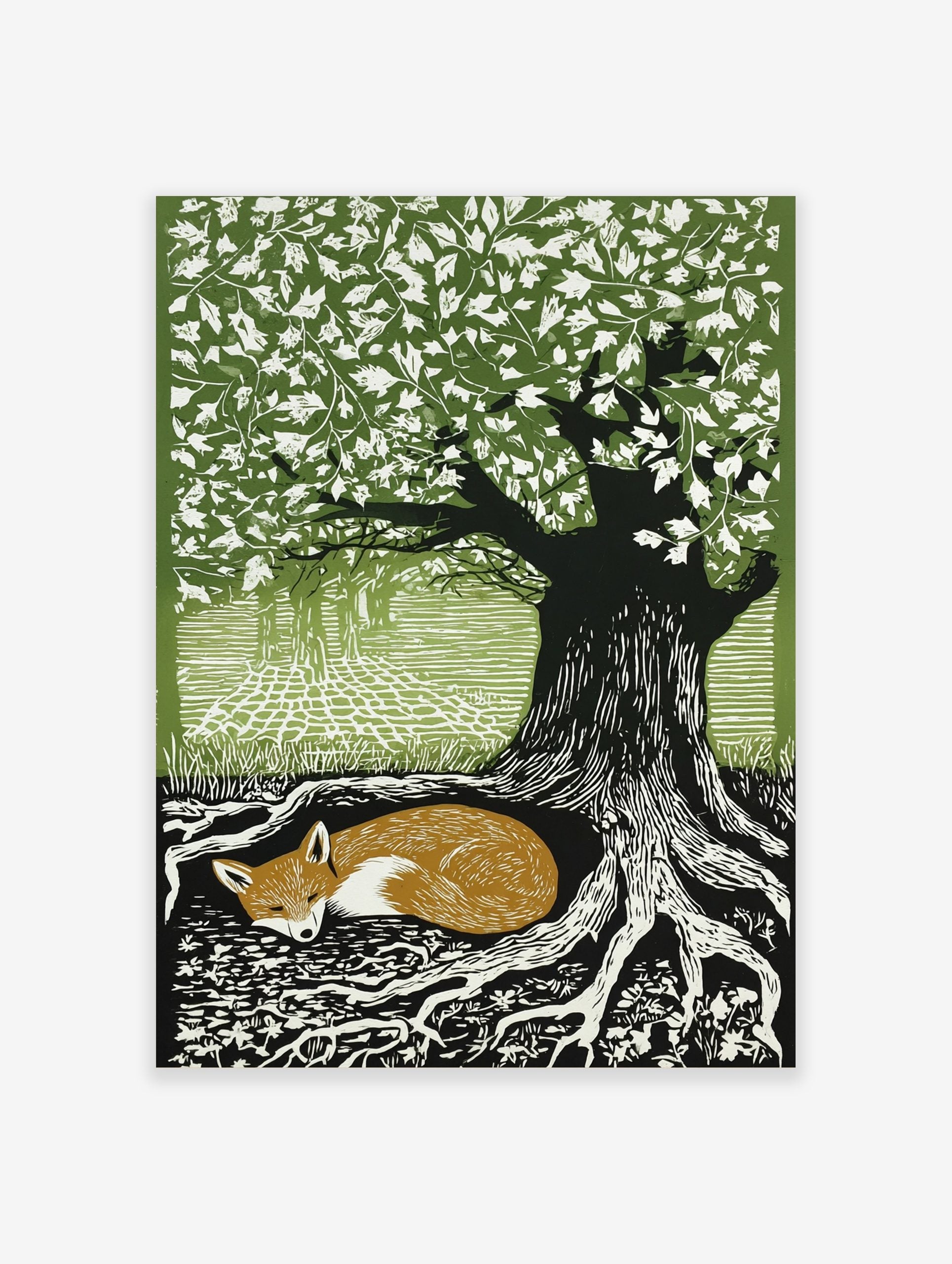 Woodcut style print of a sleeping russet fox curled at the base of a large tree with green leaves and exposed roots