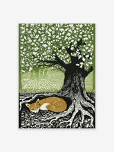Woodcut style print of a sleeping russet fox curled at the base of a large tree with green leaves and exposed roots