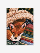 Illustrative art print of a sleeping fox wearing a knitted hat, resting head on stacked books, in warm autumnal colours