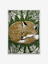 Illustrated sleeping fox wall art print curled up on a dark green background with white fern leaves and speckles.