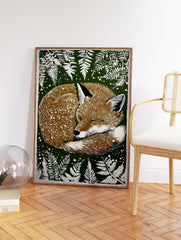 Illustrated sleeping fox wall art print curled up on a dark green background with white fern leaves and speckles. - Image 2