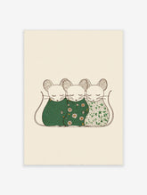Three illustrative sleeping mice in patterned green coverings on a light beige background, outlined in brown