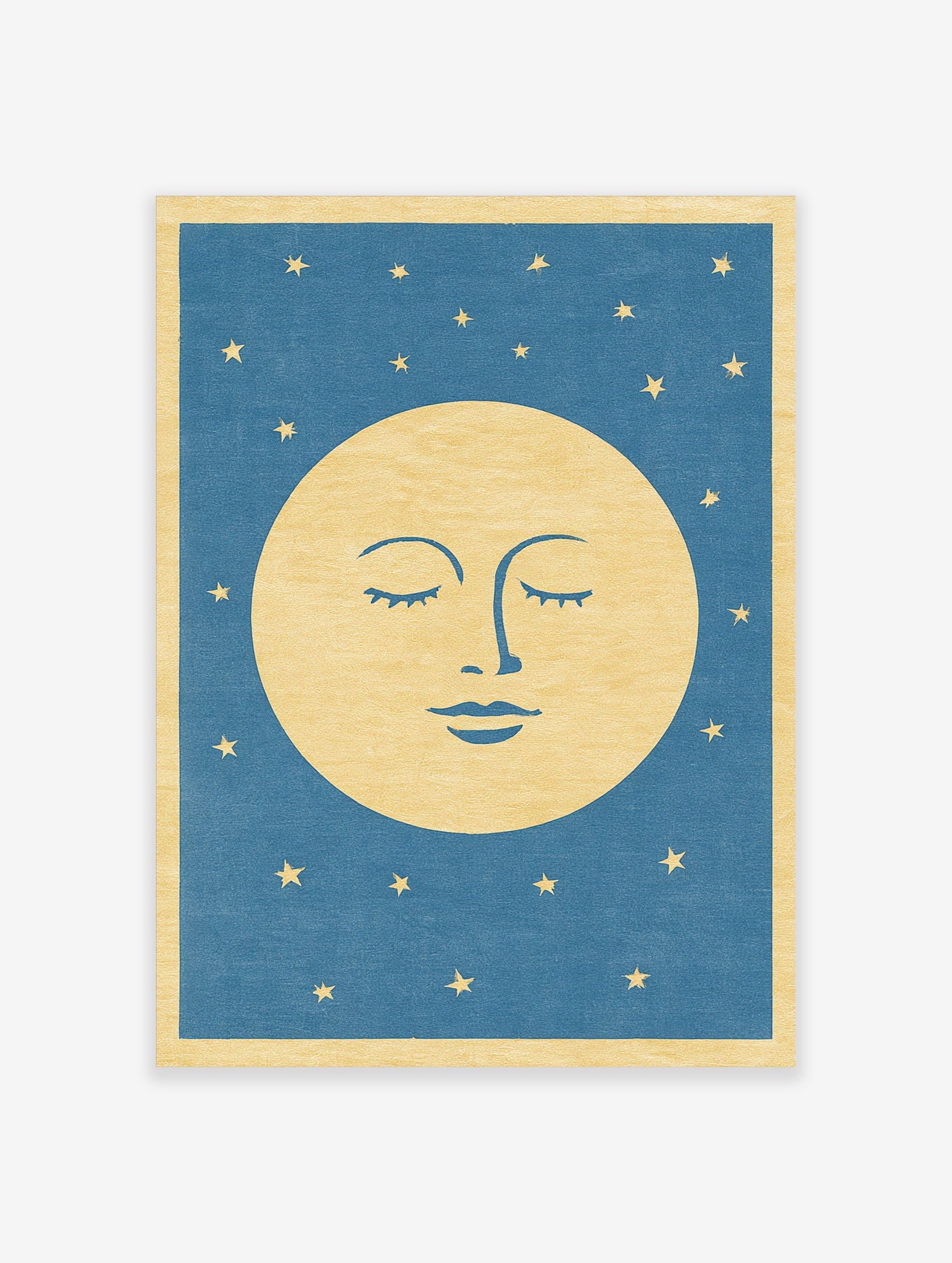 Stylised sleeping moon face illustration with closed eyes and gold stars on a blue background, celestial wall art print
