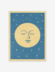 Stylised sleeping moon face illustration with closed eyes and gold stars on a blue background, celestial wall art print