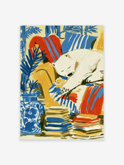 Illustrative art print of a sleeping polar bear on a yellow armchair with blue botanical plants and stacked books