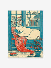 Illustrative polar bear sleeping on a stack of books with a red blanket and potted plant in blue and red tones