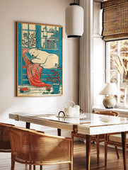 Illustrative polar bear sleeping on a stack of books with a red blanket and potted plant in blue, in a styled room mockup