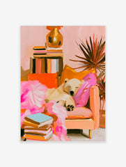 Impressionist style polar bear sleeping on a sofa with books and a houseplant, featuring pink and orange tones