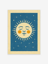 Retro sleeping sun illustration with orange cheeks and stars on a deep blue background, unframed paper art print